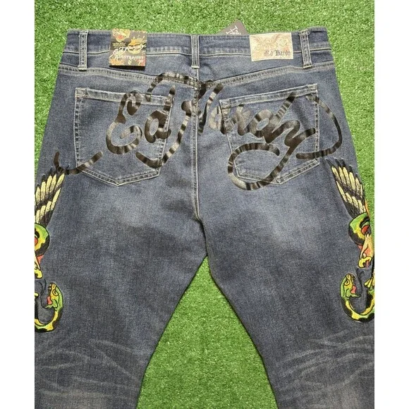 NWT Ed Hardy Eagle Snake Slim Straight Y2K Med Blue Denim Jeans (Men's 36)